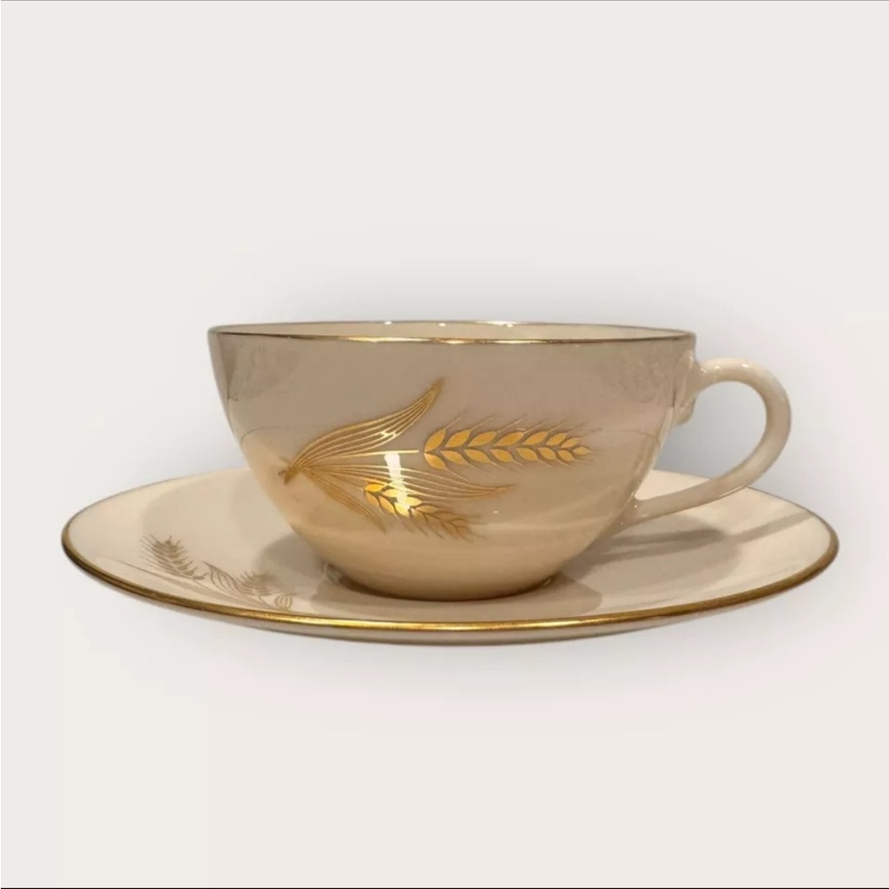 Four (4) Lenox Flat Tea Cup & Saucers Set Wheat R442 24K Gold Trim Bone China - Picture 3 of 10